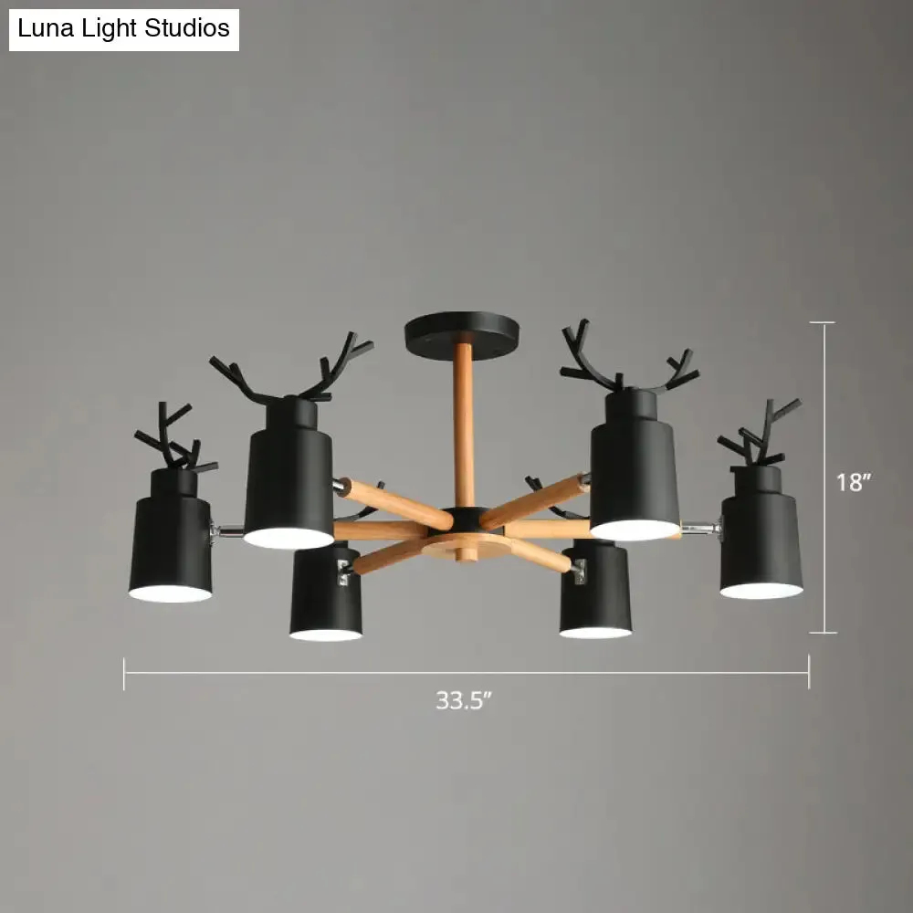 Adjustable Nordic Chandelier Light with Metal Antler Design, Cylindrical Shade, and Wooden Arm