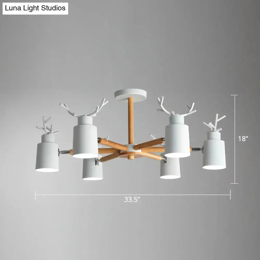 Adjustable Nordic Chandelier Light with Metal Antler Design, Cylindrical Shade, and Wooden Arm