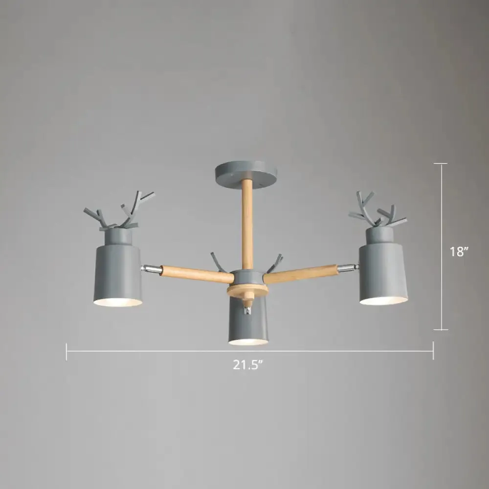 Adjustable Nordic Chandelier Light with Metal Antler Design, Cylindrical Shade, and Wooden Arm