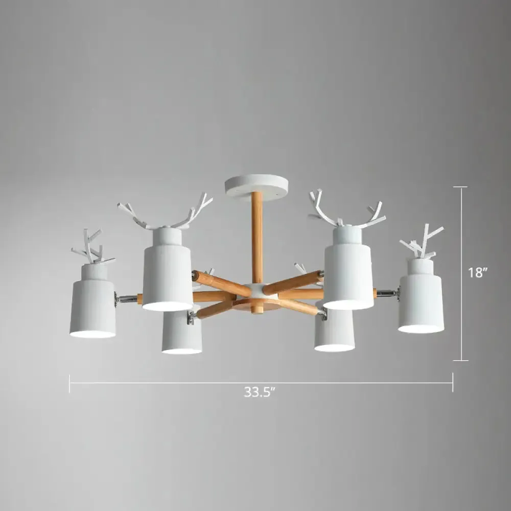 Adjustable Nordic Chandelier Light with Metal Antler Design, Cylindrical Shade, and Wooden Arm