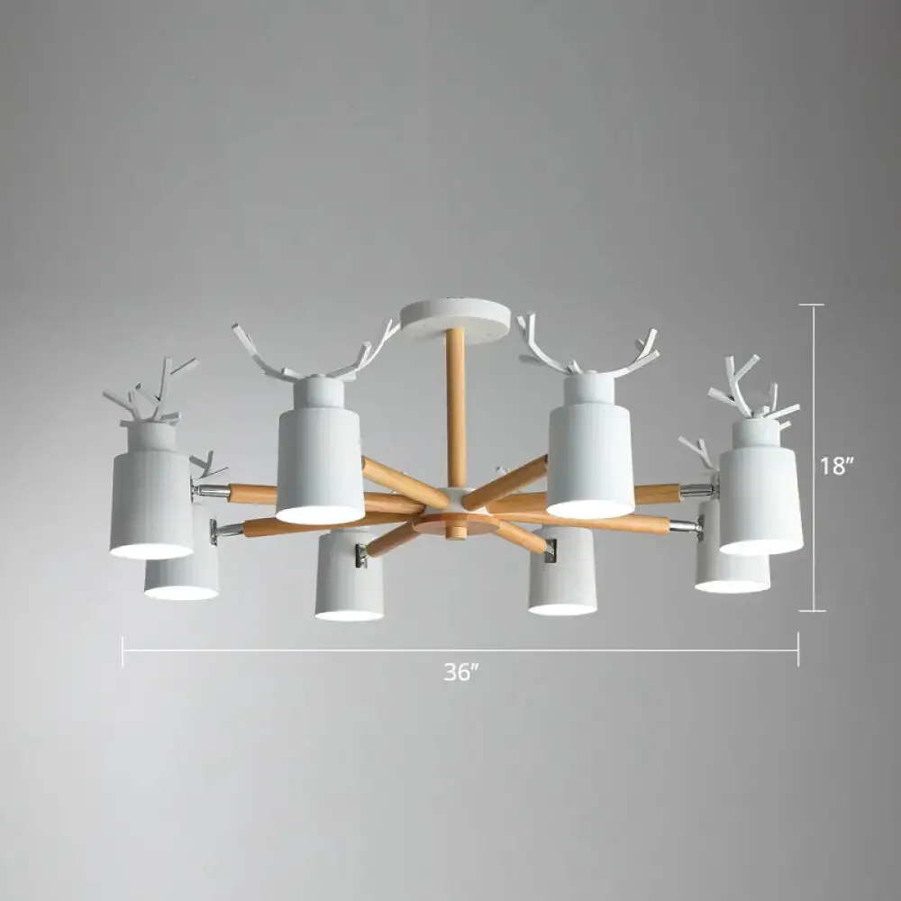 Adjustable Nordic Chandelier Light with Metal Antler Design, Cylindrical Shade, and Wooden Arm