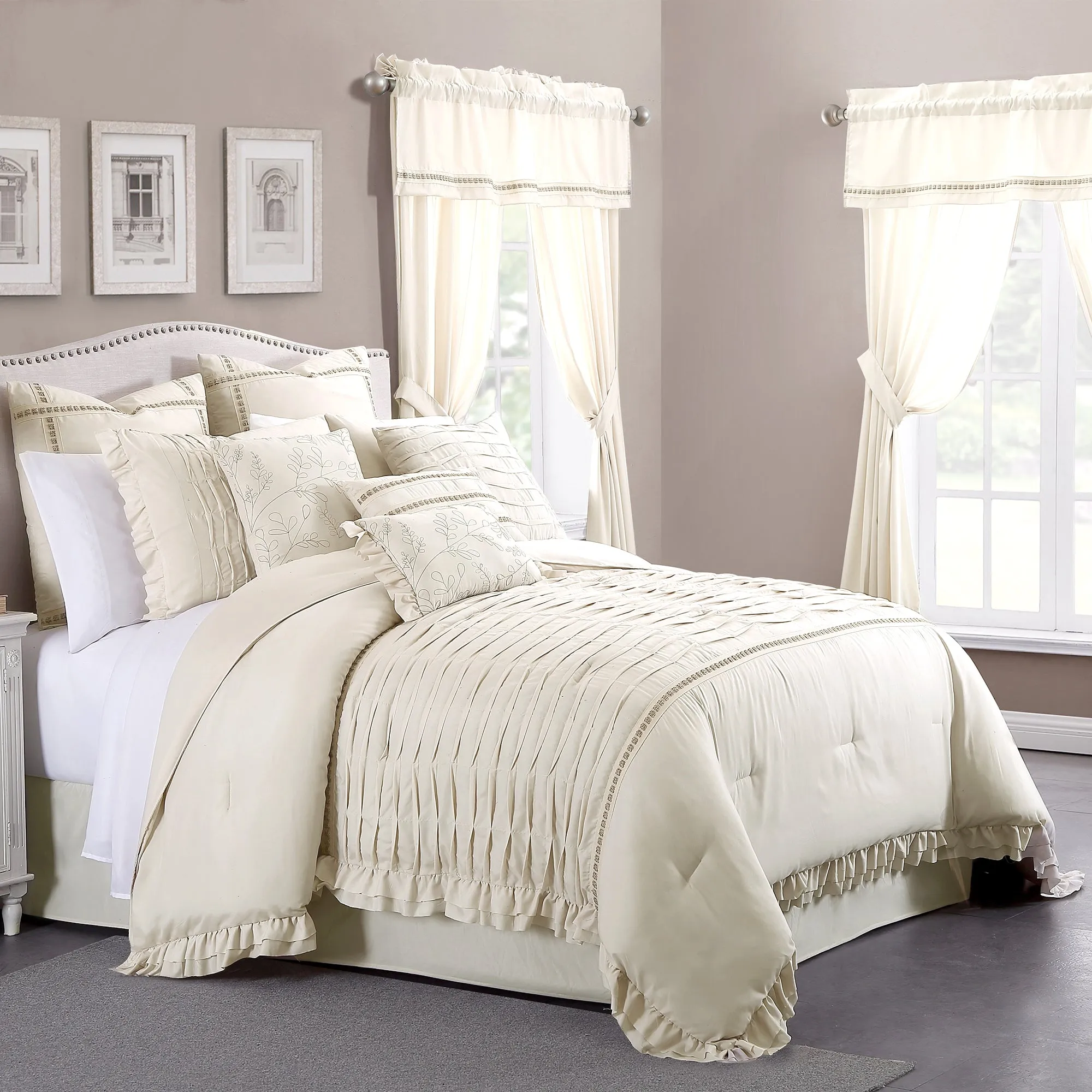 Angers 24 Piece Ultra Plush Polyester Queen Size Comforter Set The Urban Port, Cream