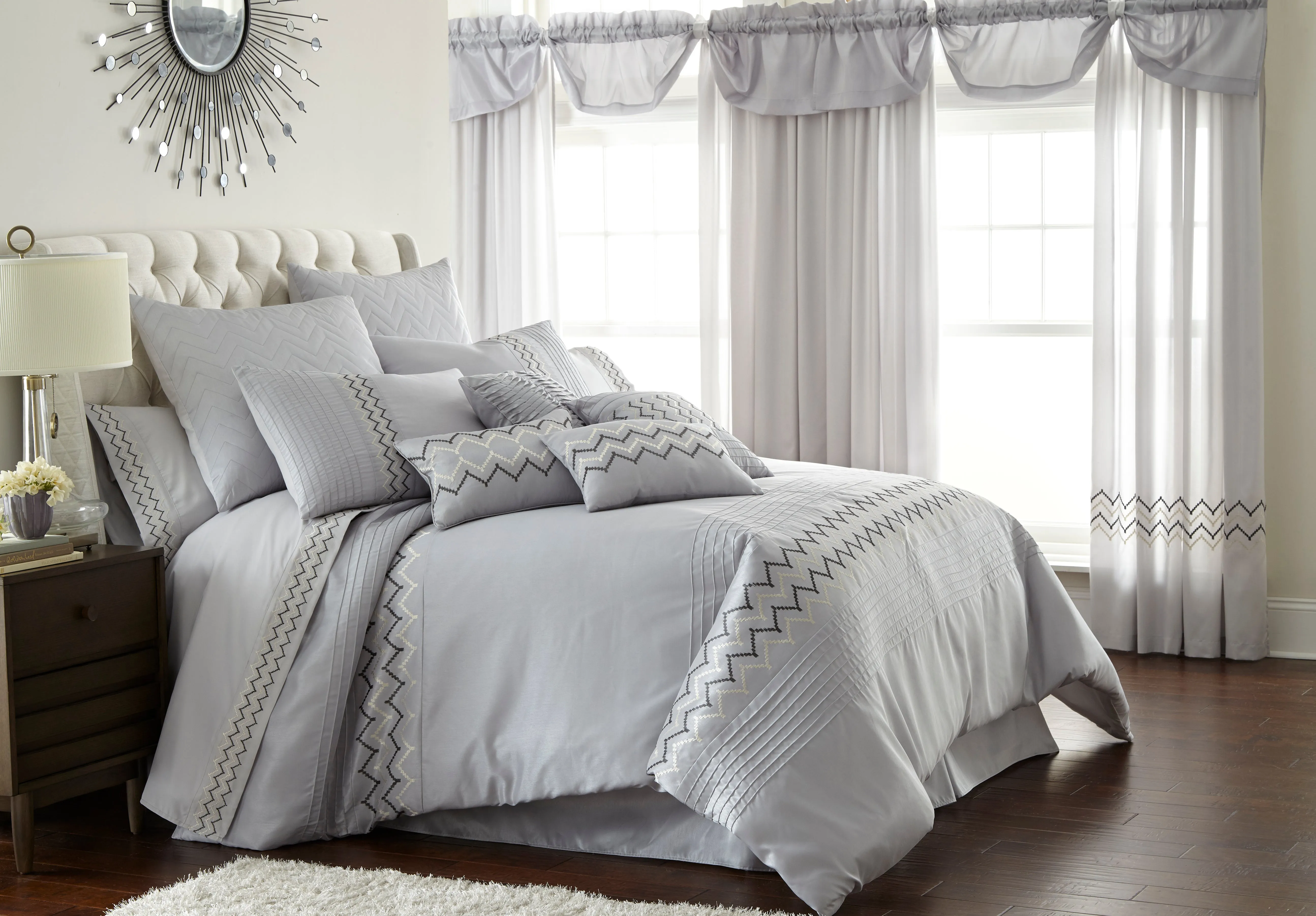 Angers 24 Piece Zig Zag Design Queen Size Polyester Comforter Set The Urban Port,Gray