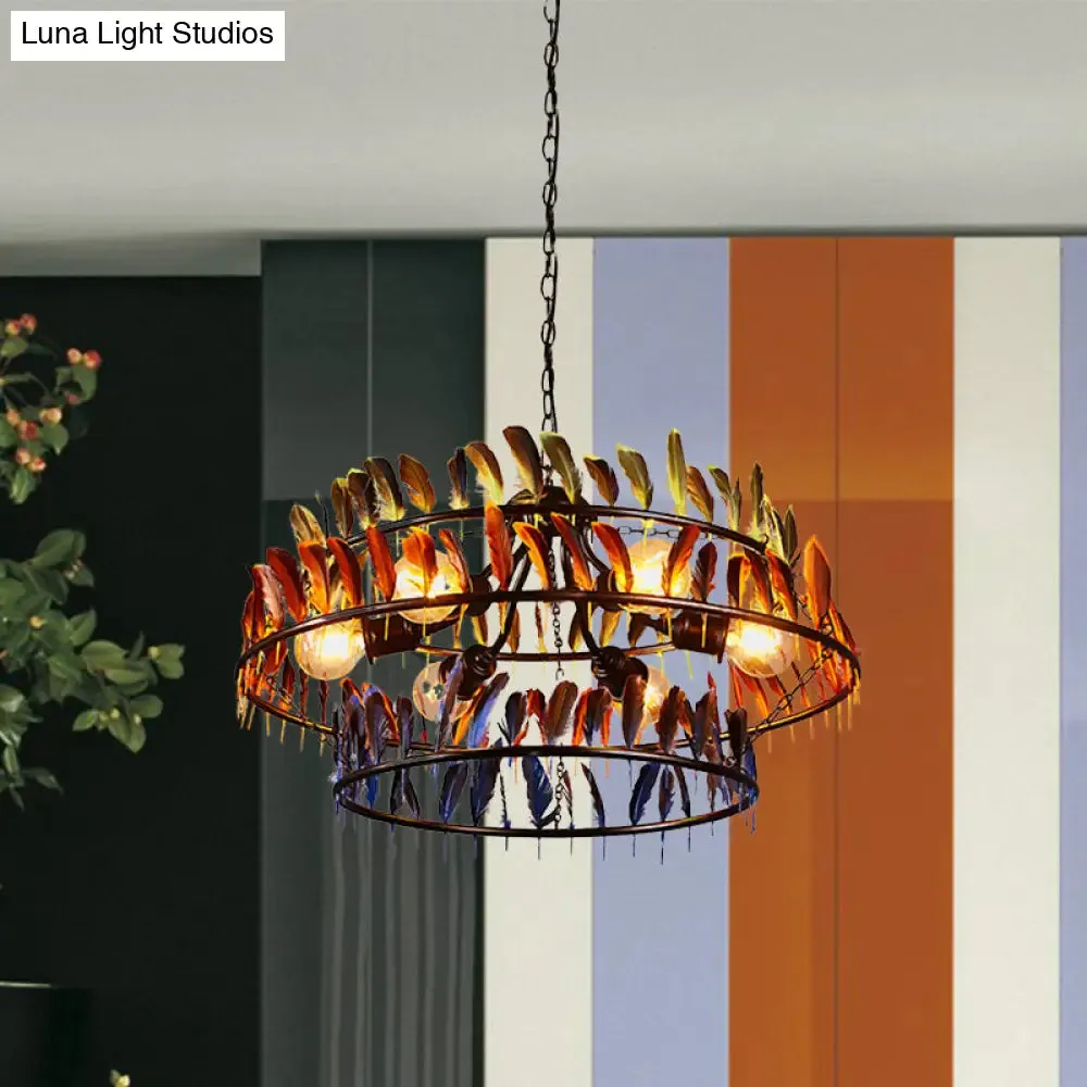 Art Deco Feather Metallic Chandelier Pendant Lamp - Red and Blue, 6-Bulb Hanging Light