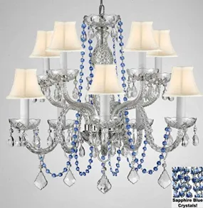 Authentic All Crystal Chandelier Chandeliers Lighting With Sapphire Blue Crystals And White Shades Perfect For Living Room Dining Room Kitchen Kid'S Bedroom H25" W24" - G46-B82/Cs/Whiteshades/1122/5 5