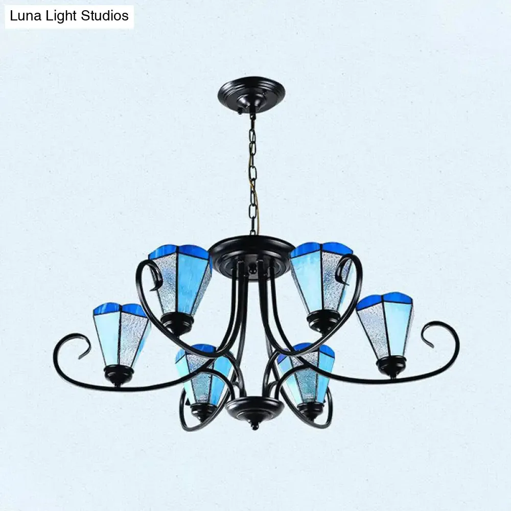 Baroque Blue Frosted Glass Cone Ceiling Pendant Light - Black with 3/6/8 Lights, 18"/27.5"/32.5" W