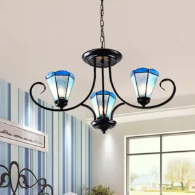 Baroque Blue Frosted Glass Cone Ceiling Pendant Light - Black with 3/6/8 Lights, 18"/27.5"/32.5" W