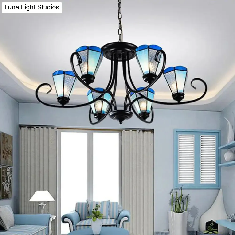 Baroque Blue Frosted Glass Cone Ceiling Pendant Light - Black with 3/6/8 Lights, 18"/27.5"/32.5" W