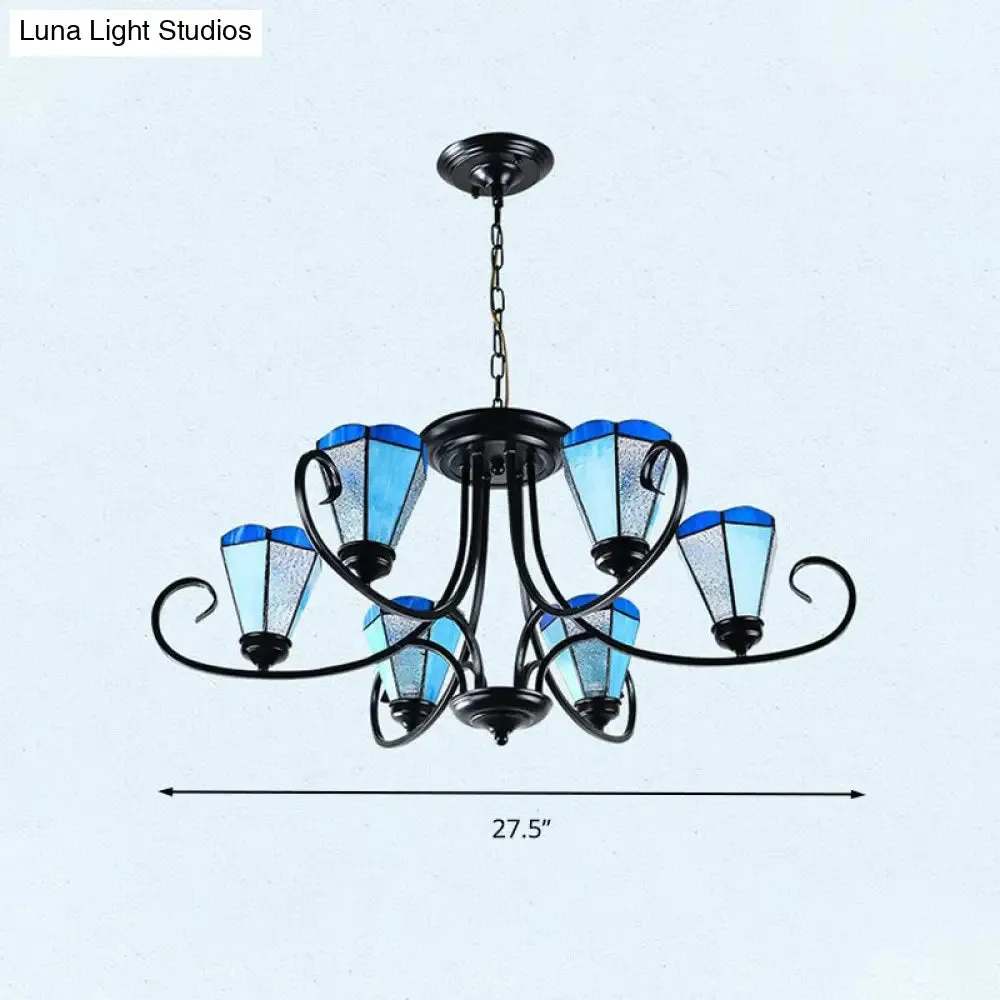 Baroque Blue Frosted Glass Cone Ceiling Pendant Light - Black with 3/6/8 Lights, 18"/27.5"/32.5" W