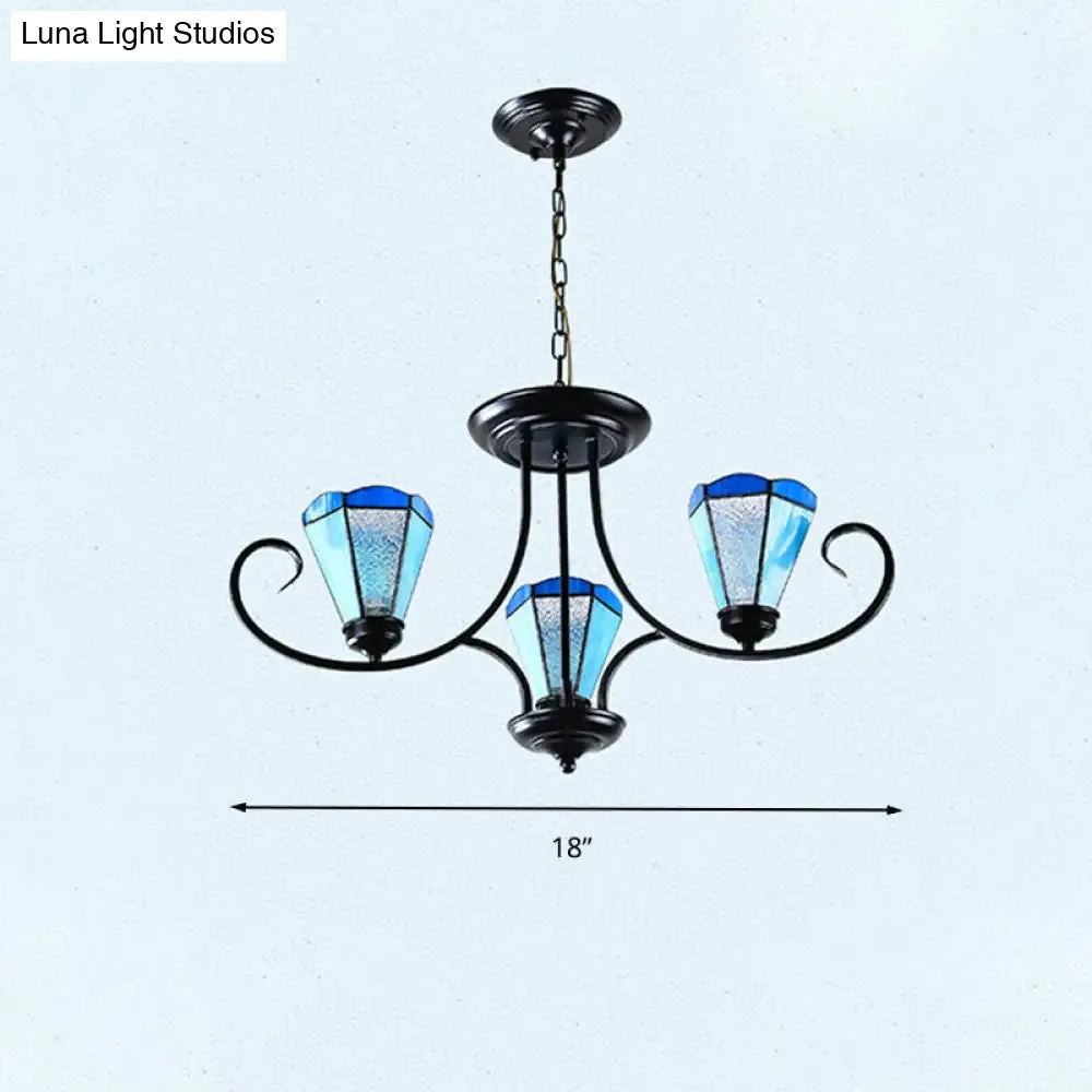 Baroque Blue Frosted Glass Cone Ceiling Pendant Light - Black with 3/6/8 Lights, 18"/27.5"/32.5" W