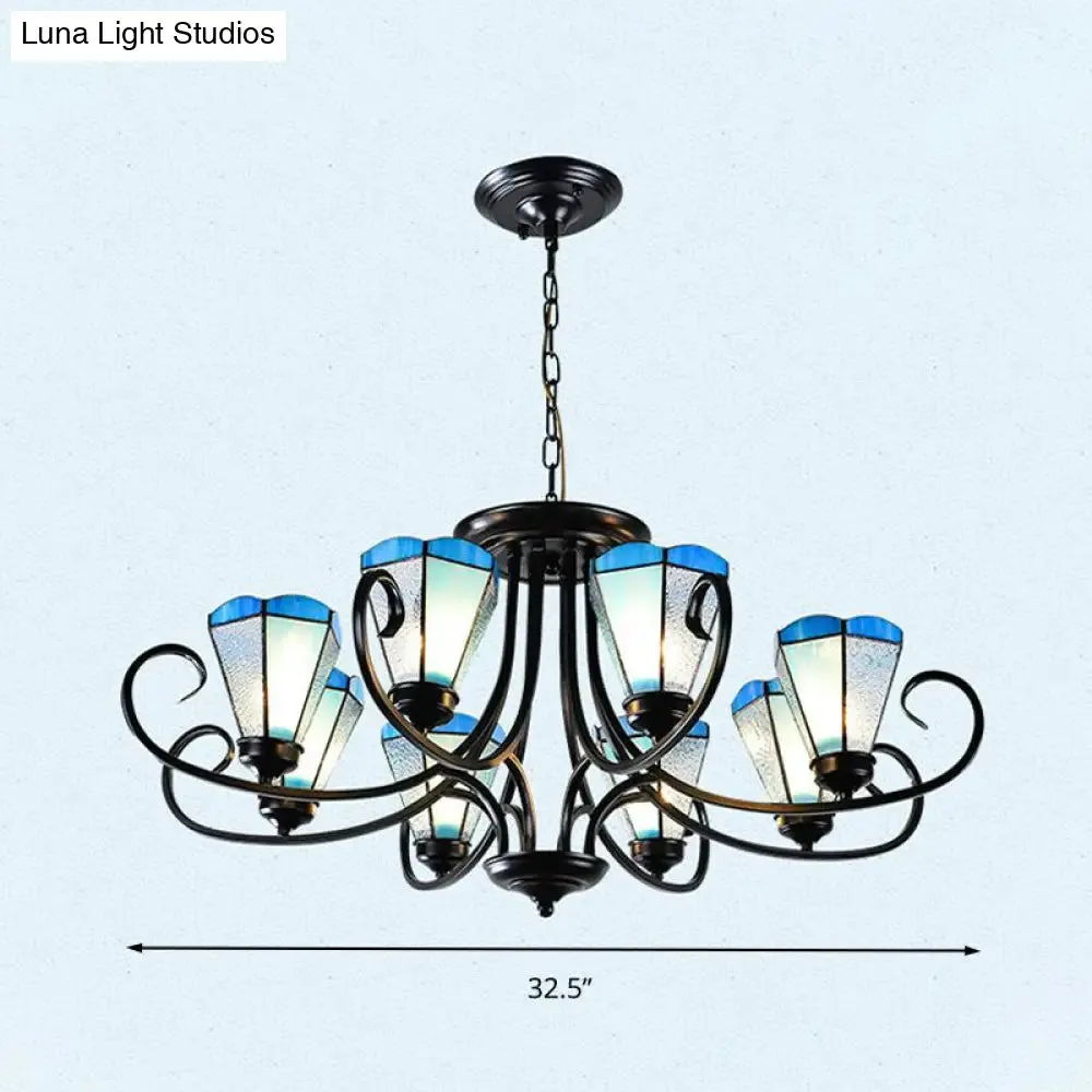 Baroque Blue Frosted Glass Cone Ceiling Pendant Light - Black with 3/6/8 Lights, 18"/27.5"/32.5" W