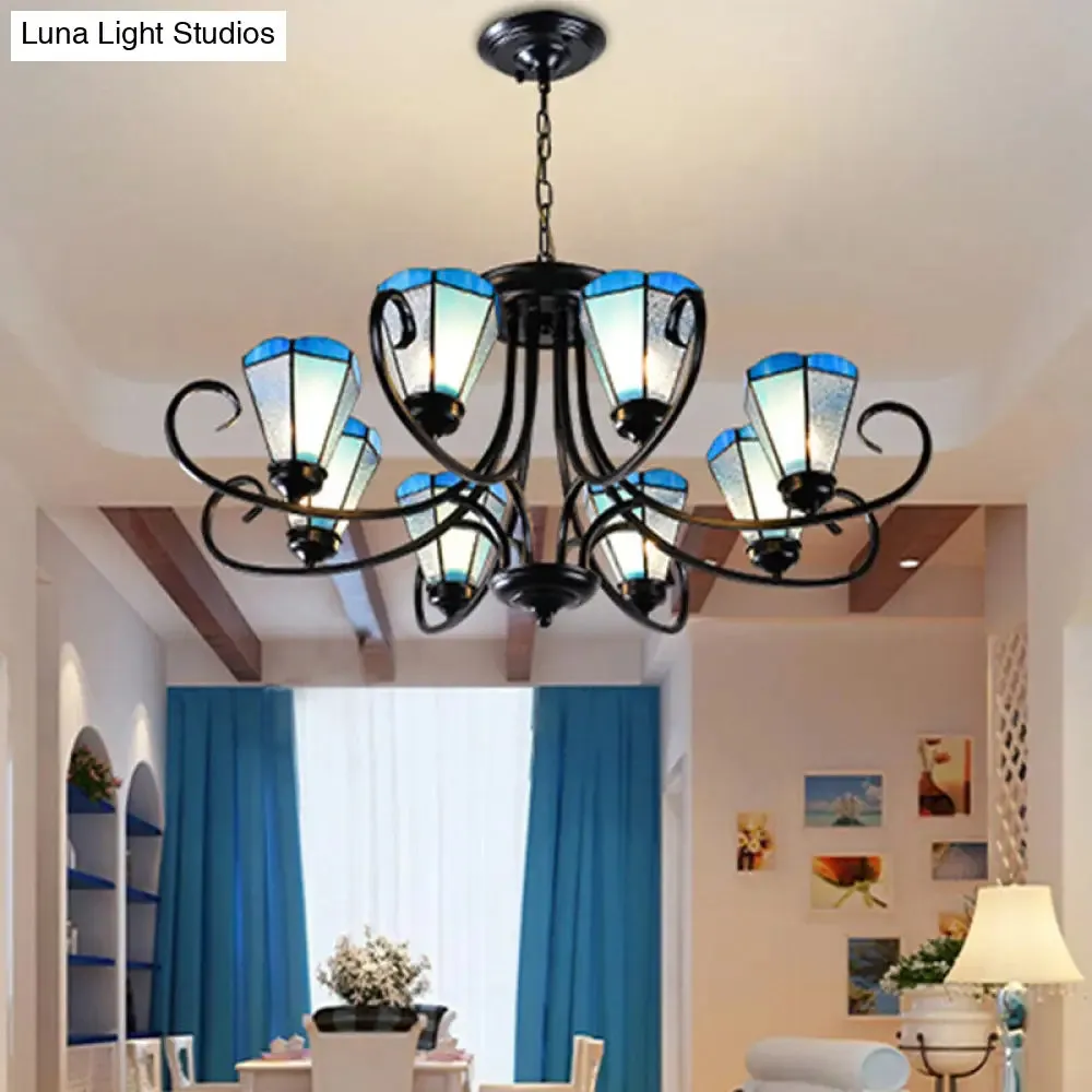 Baroque Blue Frosted Glass Cone Ceiling Pendant Light - Black with 3/6/8 Lights, 18"/27.5"/32.5" W