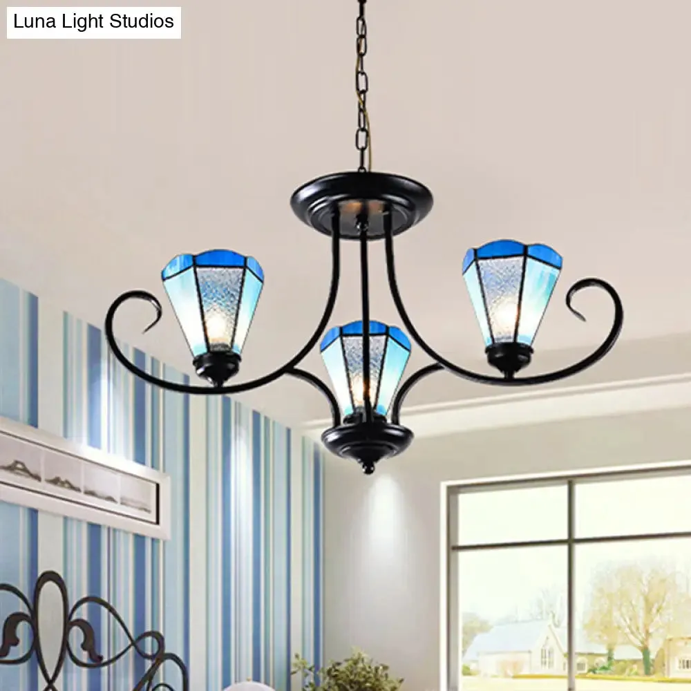 Baroque Blue Frosted Glass Cone Ceiling Pendant Light - Black with 3/6/8 Lights, 18"/27.5"/32.5" W