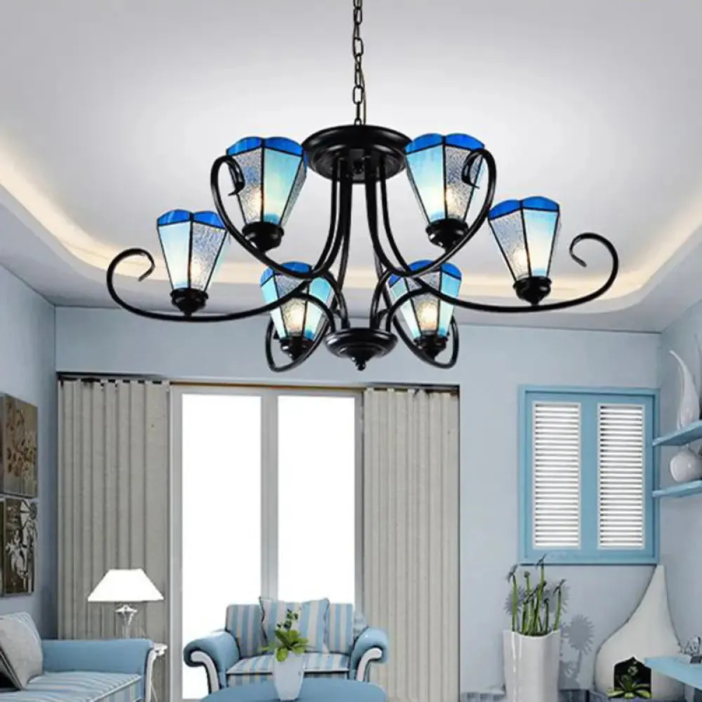 Baroque Blue Frosted Glass Cone Ceiling Pendant Light - Black with 3/6/8 Lights, 18"/27.5"/32.5" W