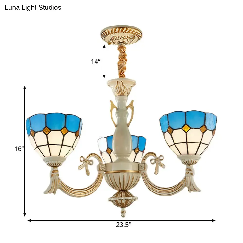 Baroque Bowl Hanging Light with Curved Arm - 3-Light Stained Glass Chandelier in Blue