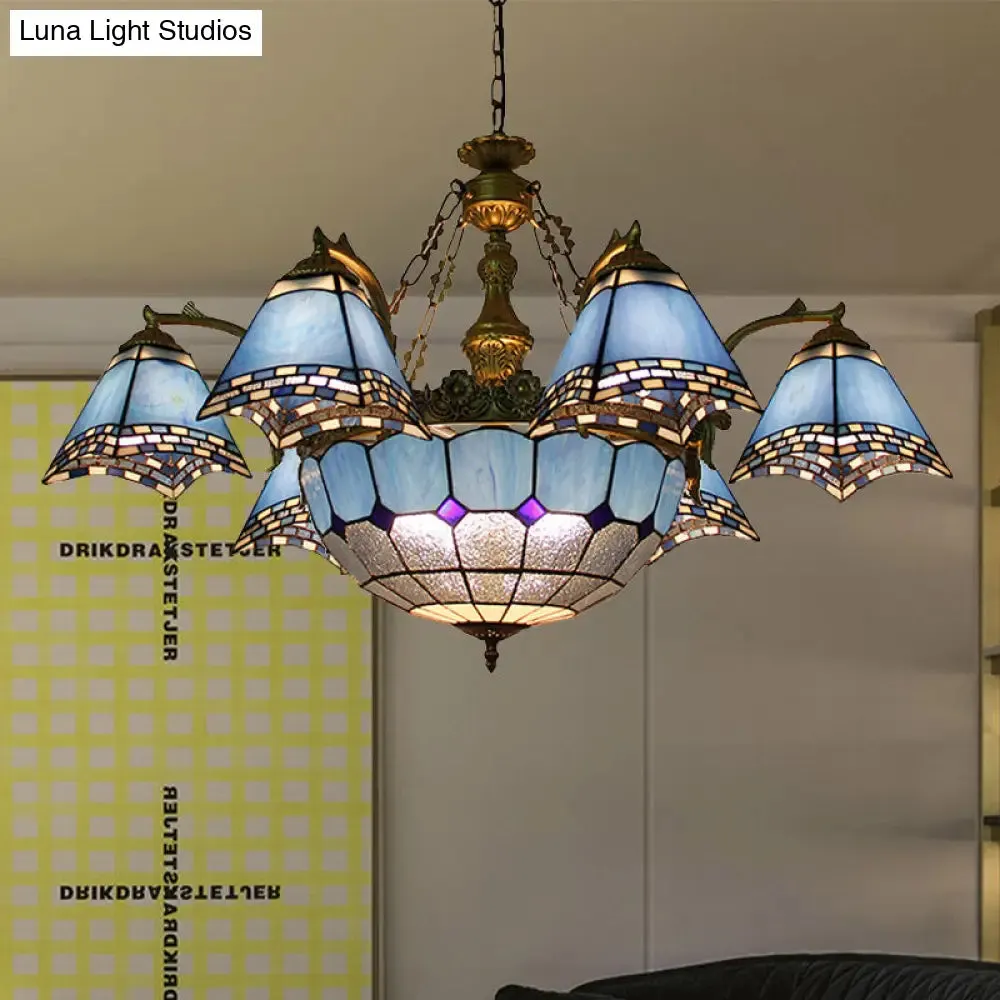 Baroque Stained Glass Chandelier: Blue Pyramid Pendant Light for Living Room - 9/11 Lights