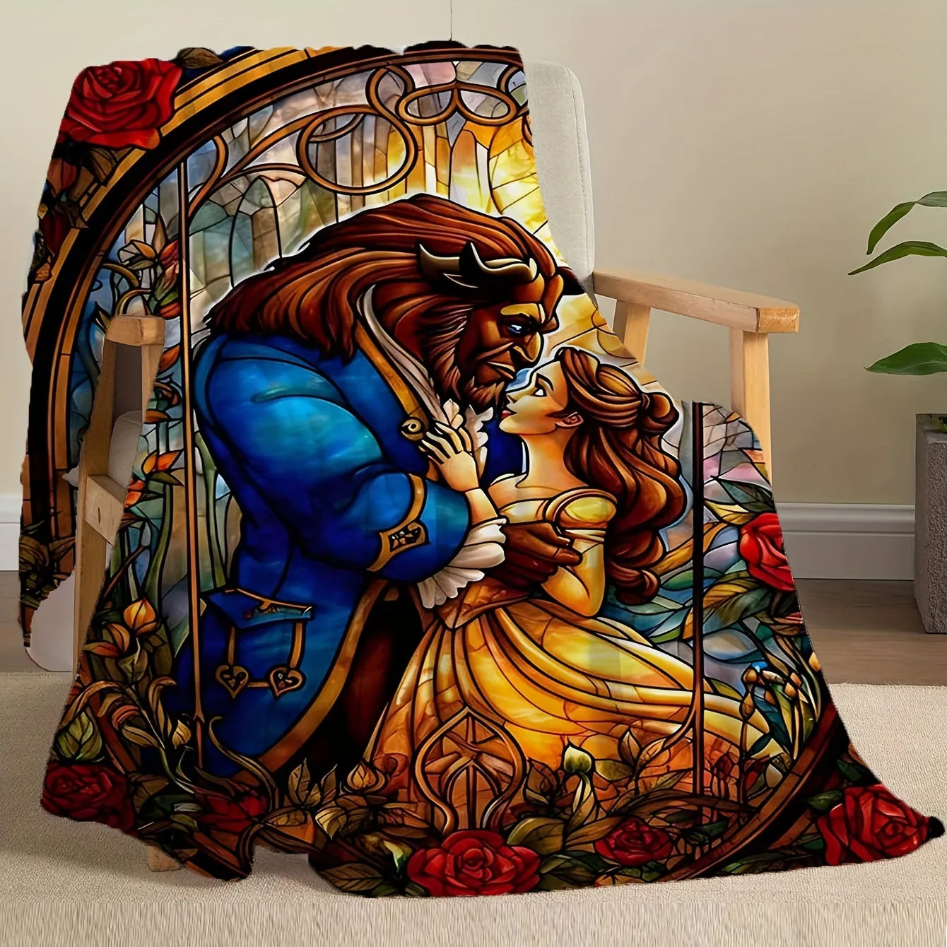 Beauty and the Beast Stained Glass Print Blanket - Soft Fleece, Multiple Sizes, Machine Washable, Perfect for All Seasons