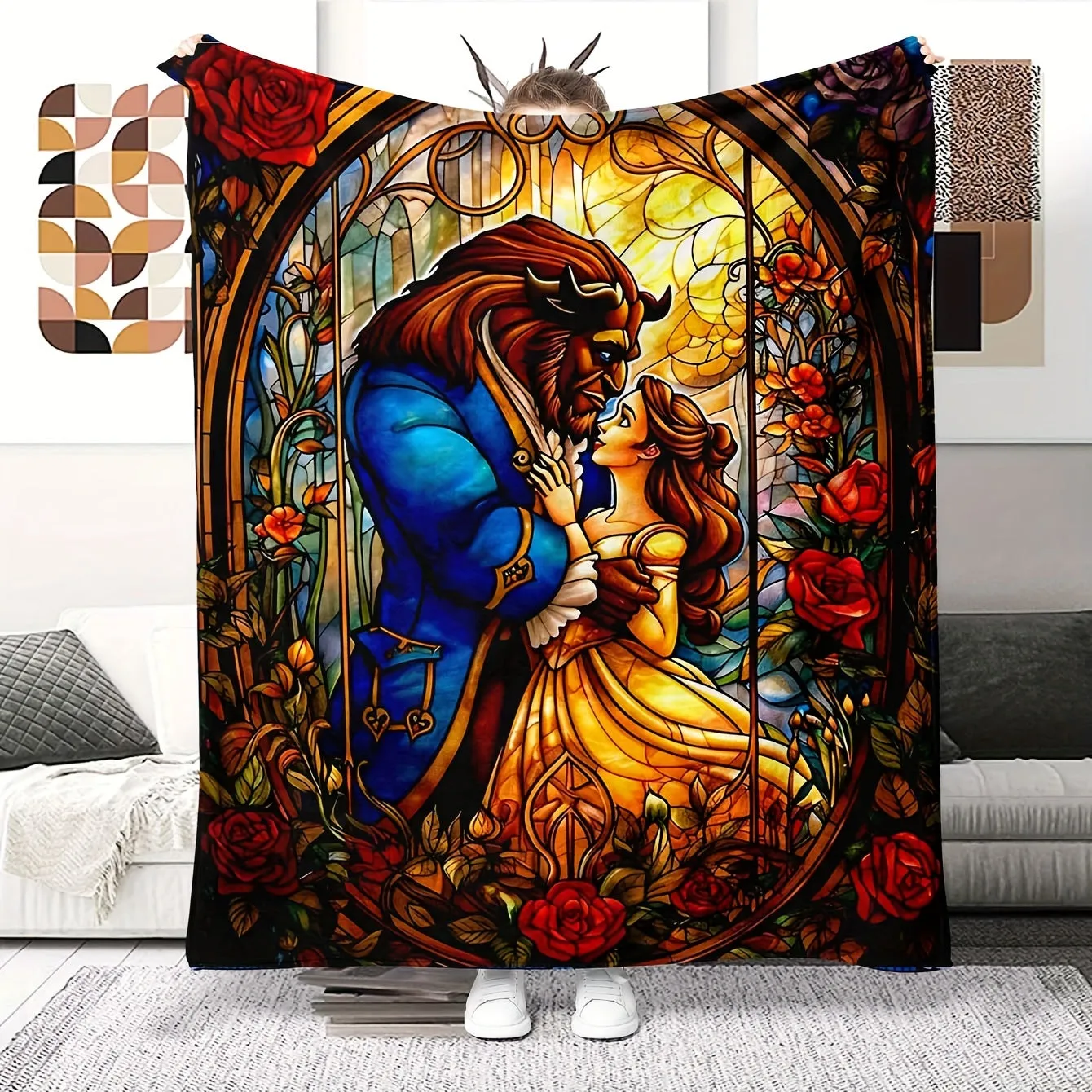 Beauty and the Beast Stained Glass Print Blanket - Soft Fleece, Multiple Sizes, Machine Washable, Perfect for All Seasons