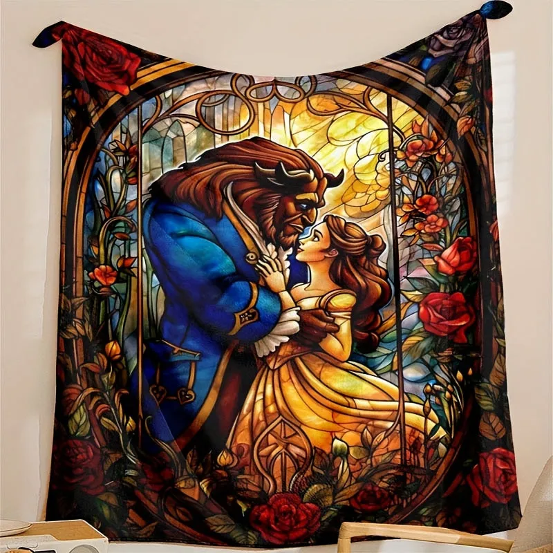 Beauty and the Beast Stained Glass Print Blanket - Soft Fleece, Multiple Sizes, Machine Washable, Perfect for All Seasons