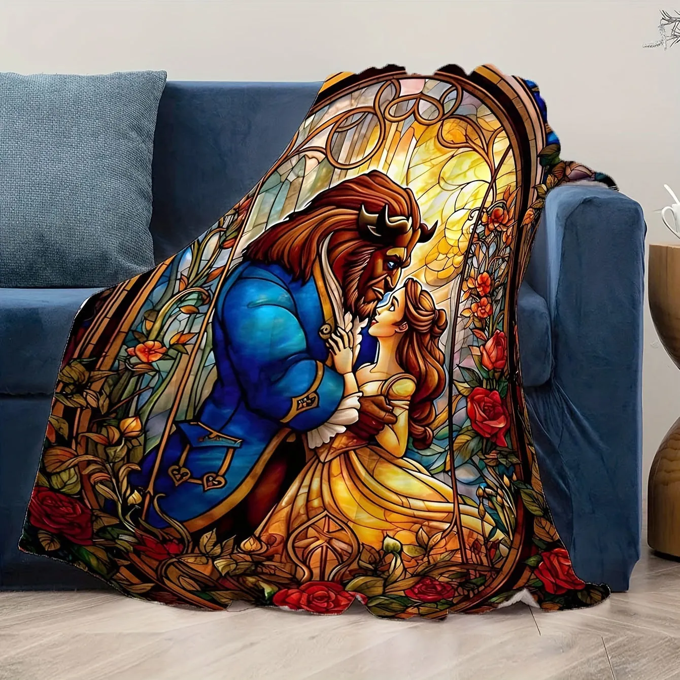 Beauty and the Beast Stained Glass Print Blanket - Soft Fleece, Multiple Sizes, Machine Washable, Perfect for All Seasons