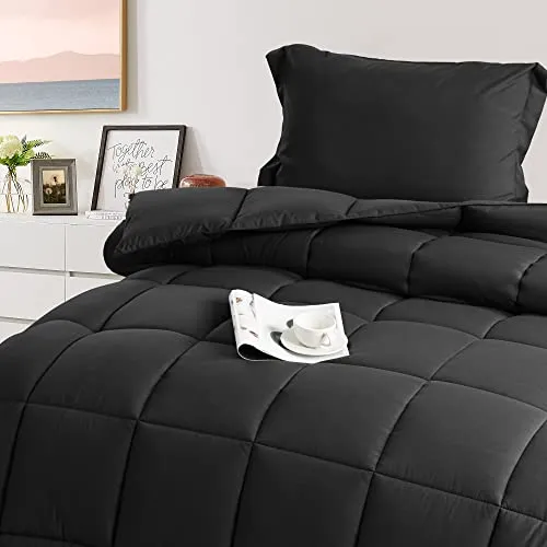 BEDHOURS Black King Size Comforter Set-3 Pieces Down Alternative King Comforter Set-All Season Cooling Reversible Comforter with 2 Pillow Shams-Corner Tabs Machine Washable (Black King)