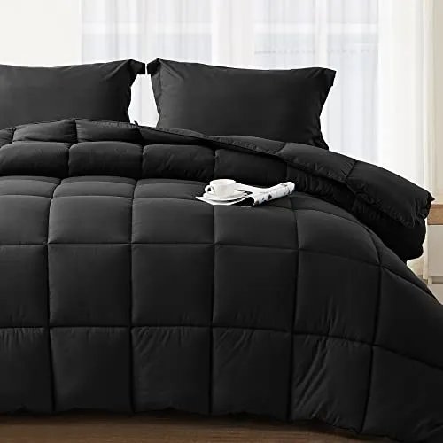 BEDHOURS Black King Size Comforter Set-3 Pieces Down Alternative King Comforter Set-All Season Cooling Reversible Comforter with 2 Pillow Shams-Corner Tabs Machine Washable (Black King)