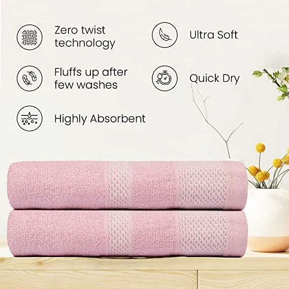 BePlush Zero Twist Bamboo Towels for Bath Large Size | Ultra Soft, Highly Absorbent,Quick Dry, Anti Bacterial Bamboo Bath Towel for Men & Women || 450 GSM, 29 x 59 Inches (2, Pink & Grey)