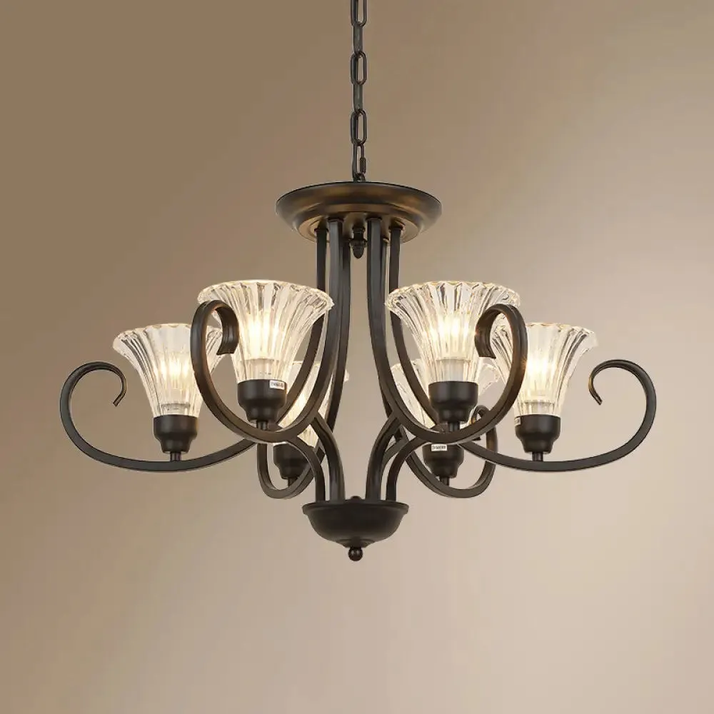 Black Retro Parlor Chandelier with Clear Ribbed Glass & Swirled Arm