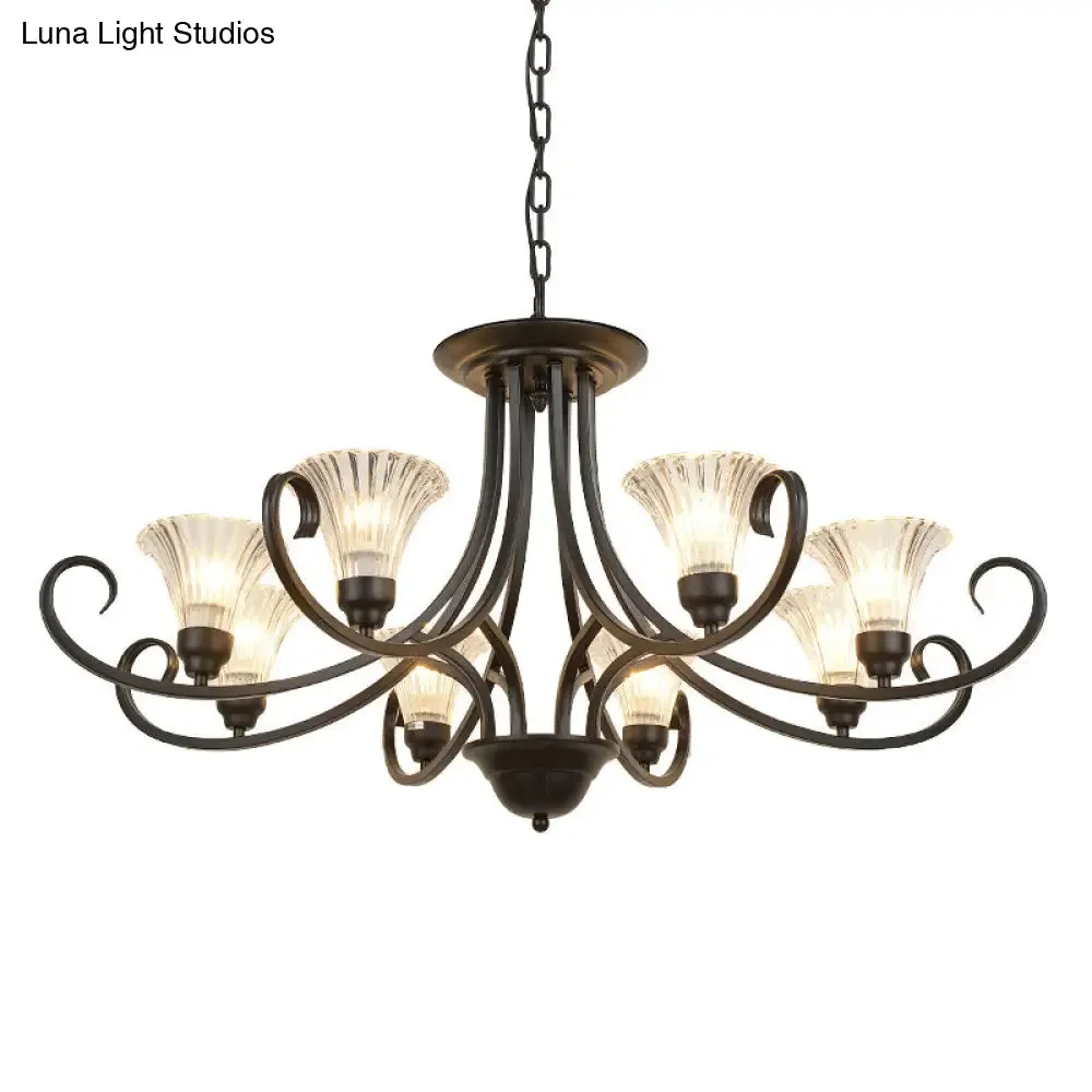 Black Retro Parlor Chandelier with Clear Ribbed Glass & Swirled Arm