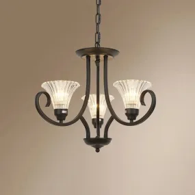 Black Retro Parlor Chandelier with Clear Ribbed Glass & Swirled Arm