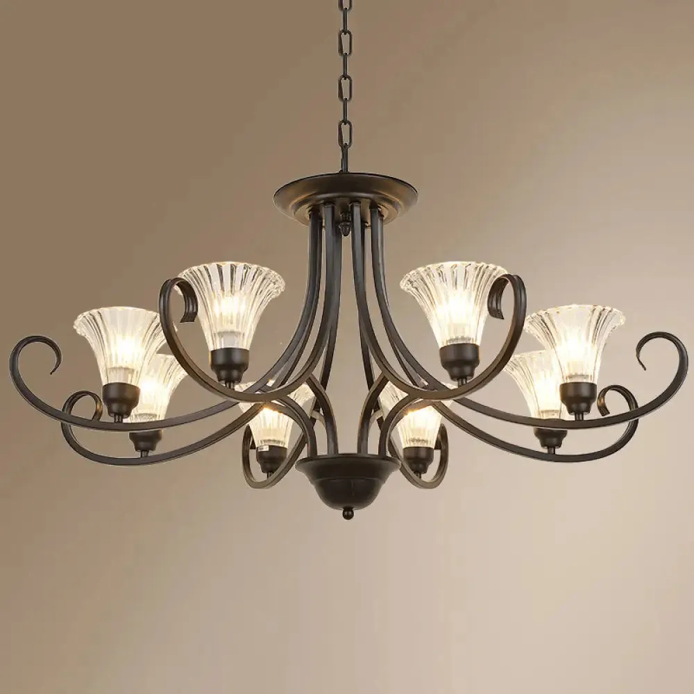 Black Retro Parlor Chandelier with Clear Ribbed Glass & Swirled Arm