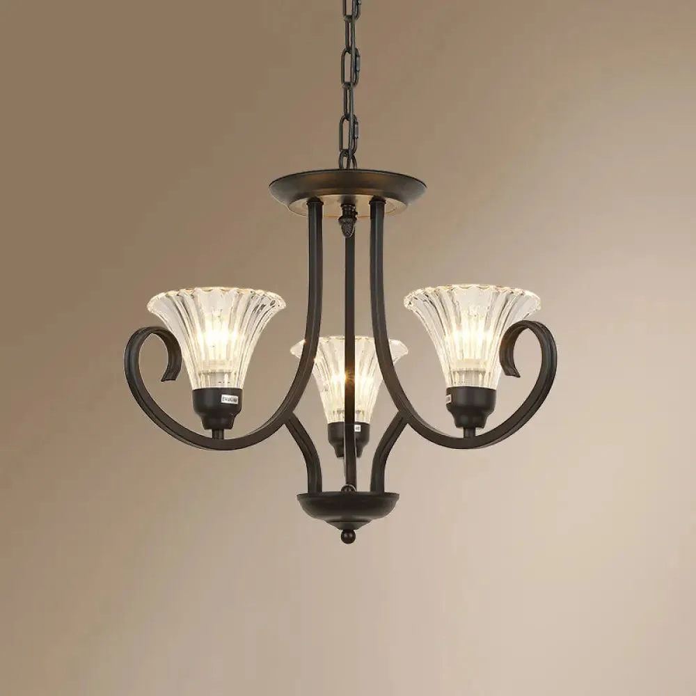 Black Retro Parlor Chandelier with Clear Ribbed Glass & Swirled Arm