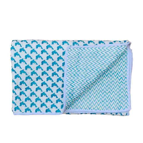 Blue Fish Print Cotton Reversible Padded Baby Quilt Bedspread