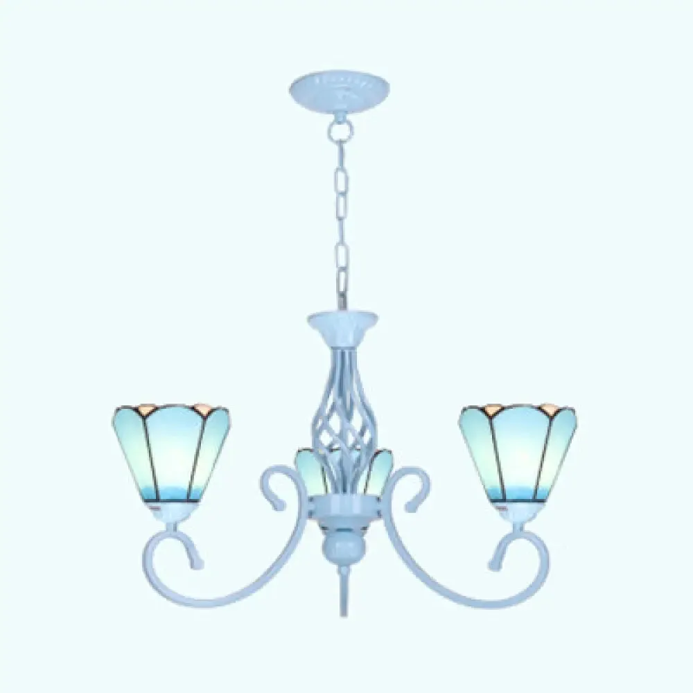 Blue/White Conical Hanging Chandelier - Metal Chain Tiffany 3-Light Stained Glass Drop Ceiling Light