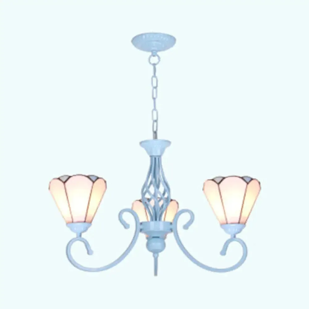 Blue/White Conical Hanging Chandelier - Metal Chain Tiffany 3-Light Stained Glass Drop Ceiling Light