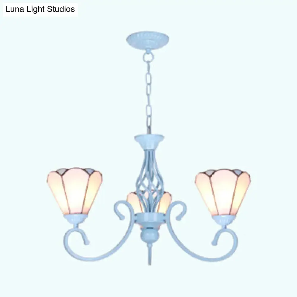 Blue/White Conical Hanging Chandelier - Metal Chain Tiffany 3-Light Stained Glass Drop Ceiling Light