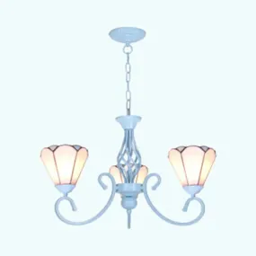 Blue/White Conical Hanging Chandelier - Metal Chain Tiffany 3-Light Stained Glass Drop Ceiling Light