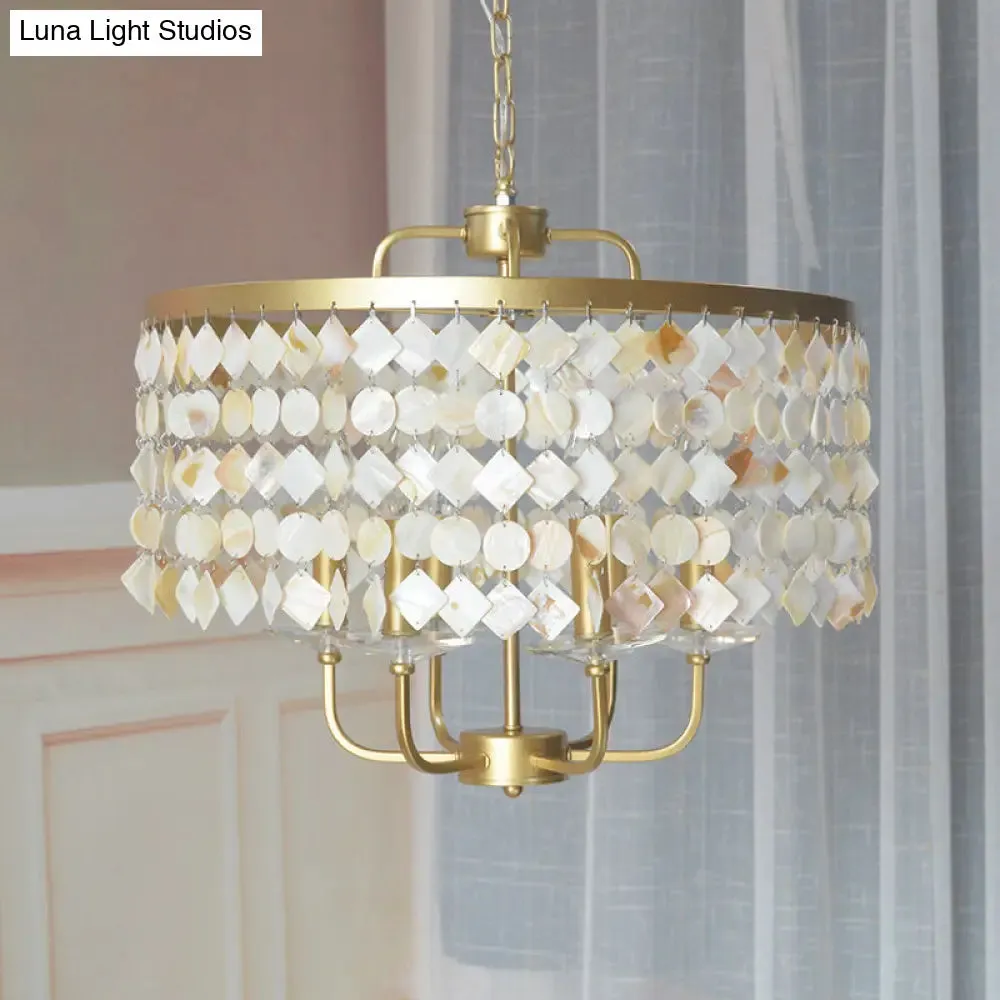 Brass Shell Suspended Ceiling Chandelier with Traditional Drum Design - 4/6 Bulbs