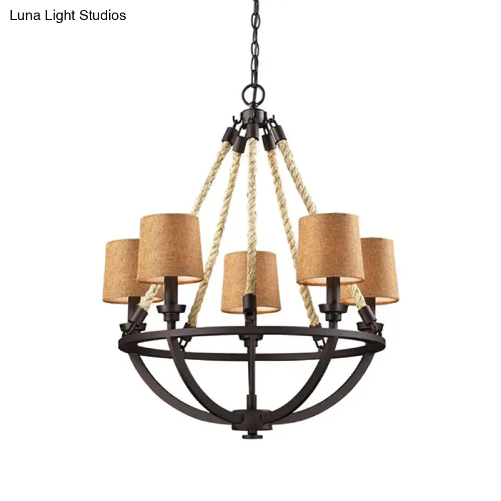 Bronze Semi-Circle Cage Pendant Chandelier - 5 Lights - Country Metal - Fabric Shade