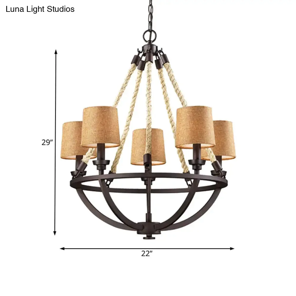 Bronze Semi-Circle Cage Pendant Chandelier - 5 Lights - Country Metal - Fabric Shade