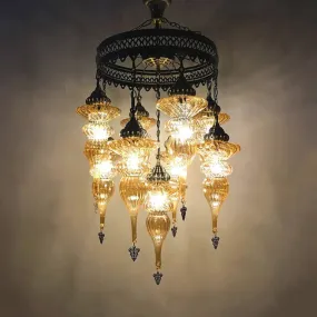 Bronze Traditional Curved Chandelier with Colorful Glass - 9 Bulb Suspension Light