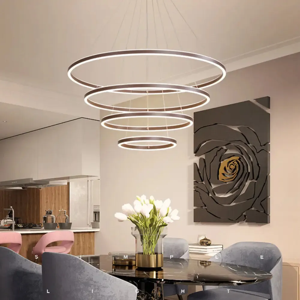 Brown 4 Tier Minimalistic Acrylic LED Ring Chandelier for Dining Room