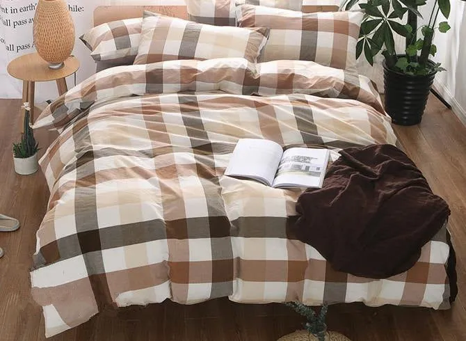 Brown and Black Plaid Print Vintage Style Cotton Luxury 4-Piece Bedding Sets