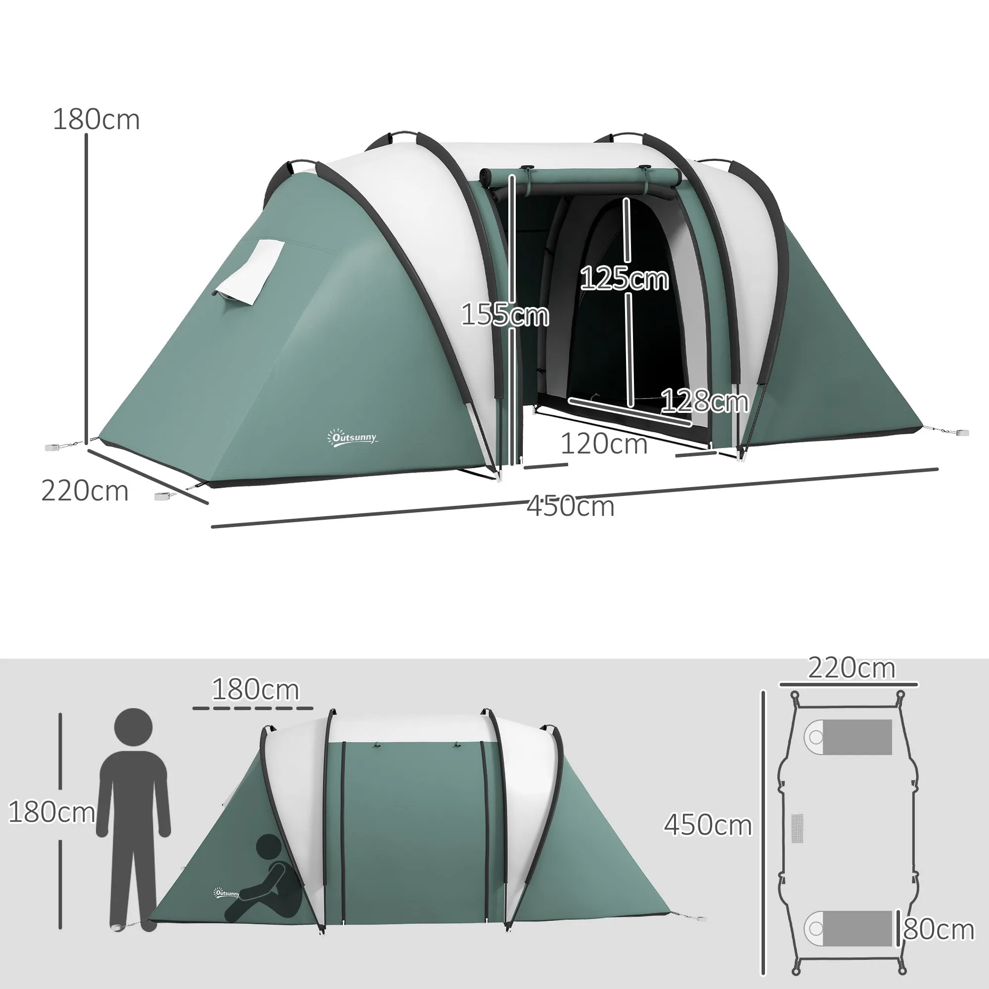 Camping Tent with 2 Bedrooms and Living Area, 3000mm Waterproof Family Tent, for Fishing Hiking Festival, Green