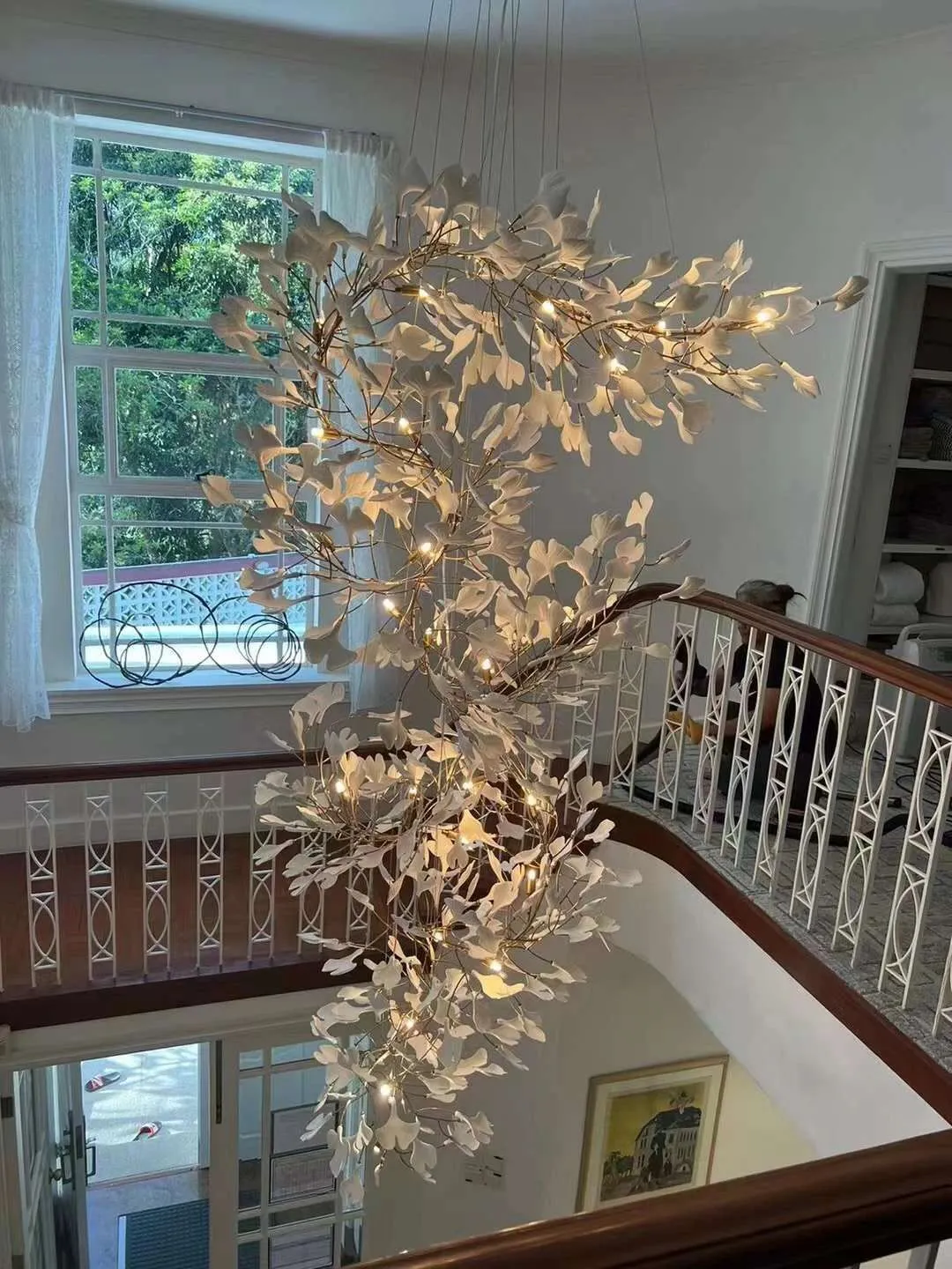 Ceramics Ginkgo Leaves Twig Chandelier Tree Branch Shaped Pendant Light For High Ceiling Living Room Hotel Hall