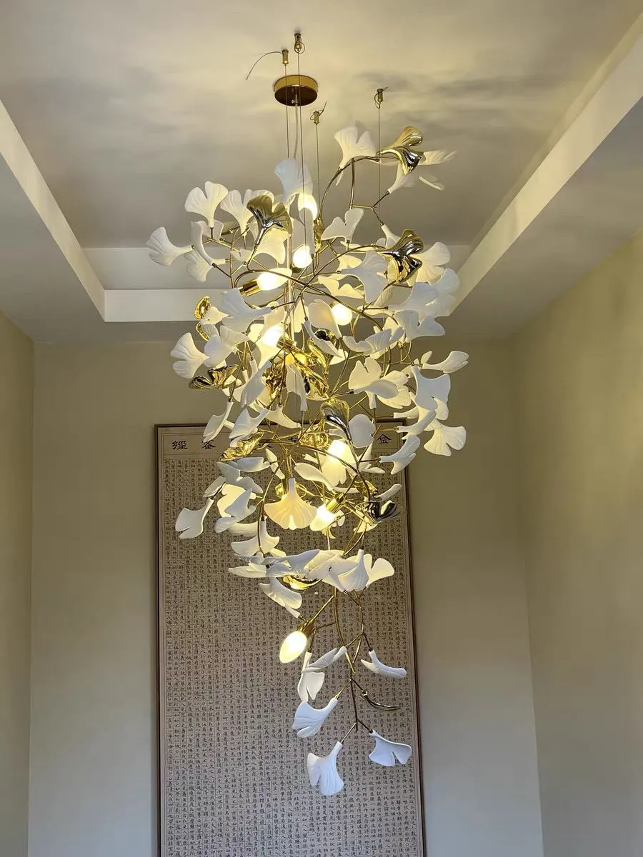 Ceramics Ginkgo Leaves Twig Chandelier Tree Branch Shaped Pendant Light For High Ceiling Living Room Hotel Hall