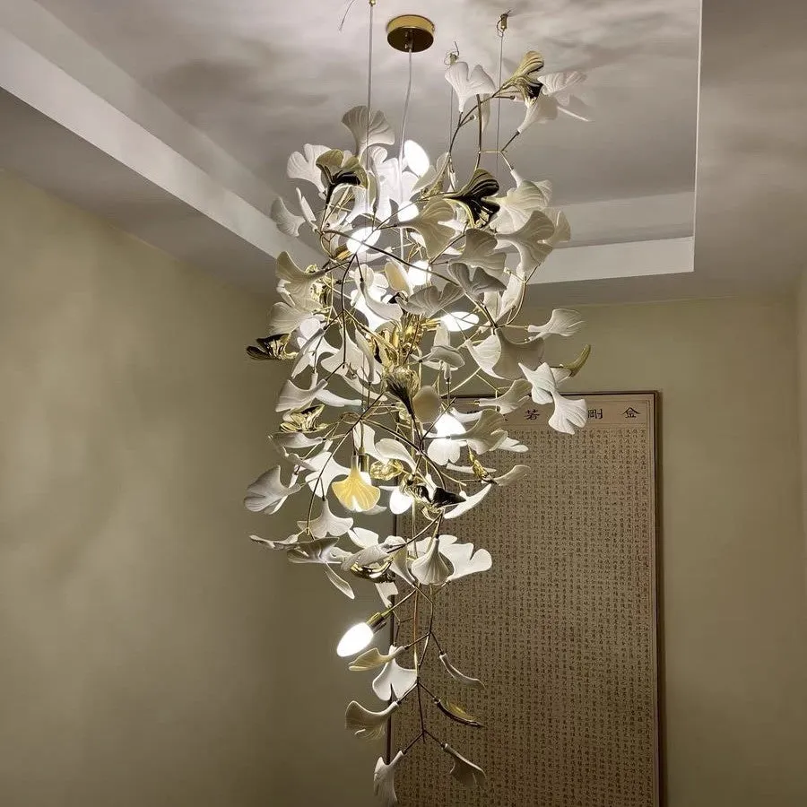 Ceramics Ginkgo Leaves Twig Chandelier Tree Branch Shaped Pendant Light For High Ceiling Living Room Hotel Hall