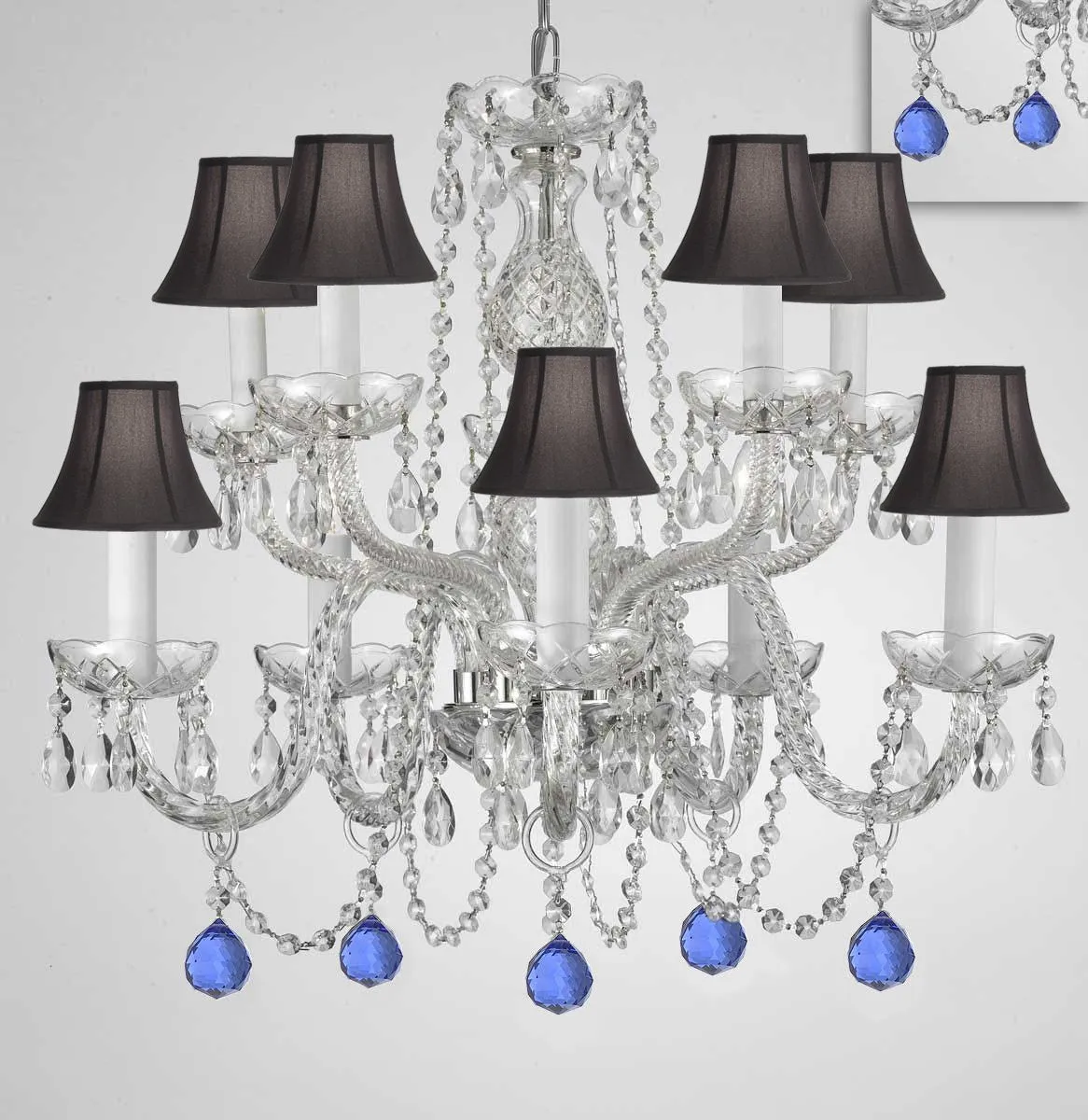 Chandelier Lighting Crystal Chandeliers H25" X W24" 10 Lights - Dressed w/ Blue Crystal Balls! Great for Dining Room, Foyer, Entry Way, Living Room, Bedroom, Kitchen! w/Black Shades - G46-B99/BLACKSHADES/CS/1122/5 5