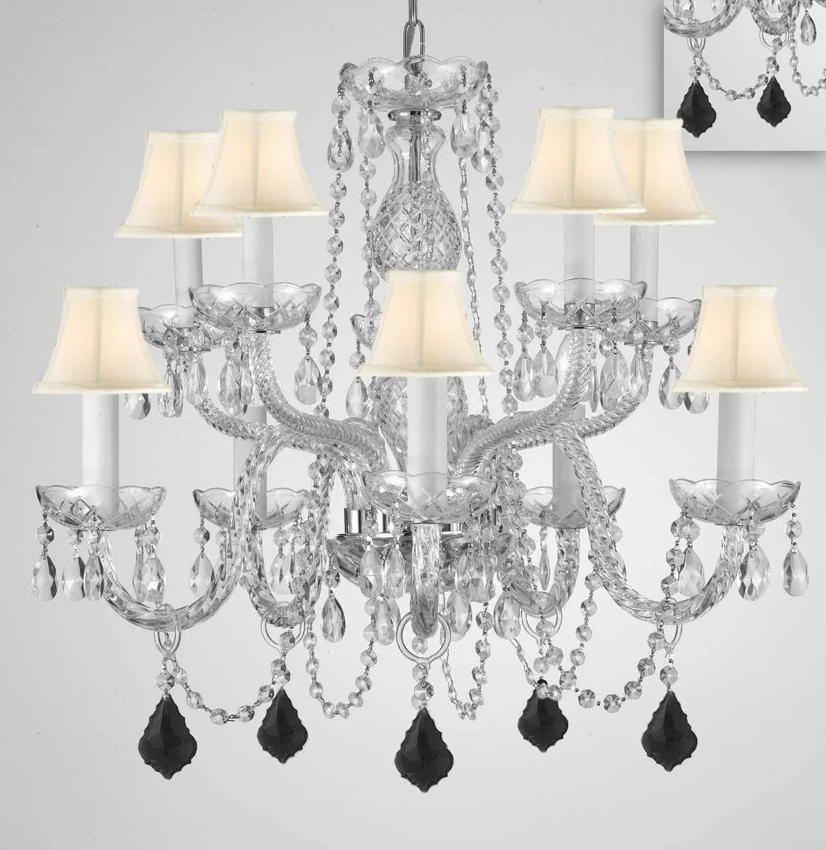 Chandelier Lighting Crystal Chandeliers H25" X W24" 10 Lights - Dressed w/ Jet Black Crystals! Great for Dining Room, Foyer, Entry Way, Living Room, Bedroom, Kitchen! w/White Shades - G46-B97/WHITESHADES/CS/1122/5 5