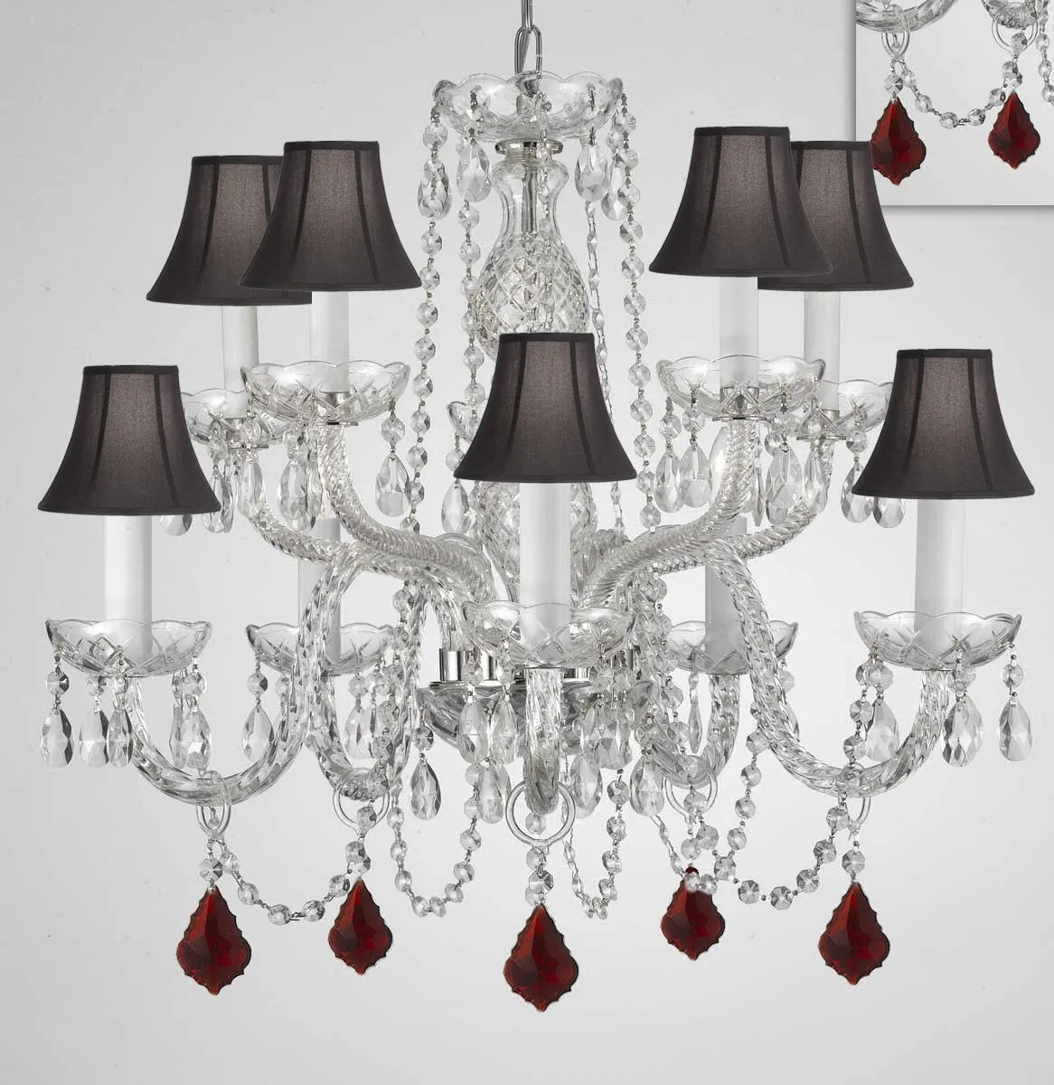 Chandelier Lighting Crystal Chandeliers H25" X W24" 10 Lights - Dressed w/ Ruby Red Crystals! Great for Dining Room, Foyer, Entry Way, Living Room, Bedroom, Kitchen! w/Black Shades - G46-B98/BLACKSHADES/CS/1122/5 5